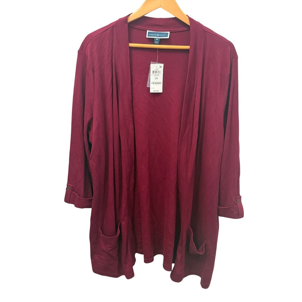 NWT Karen Scott 2X Open Front Cardigan Merlot Burgundy Roll Tab Sleeve Pocket
